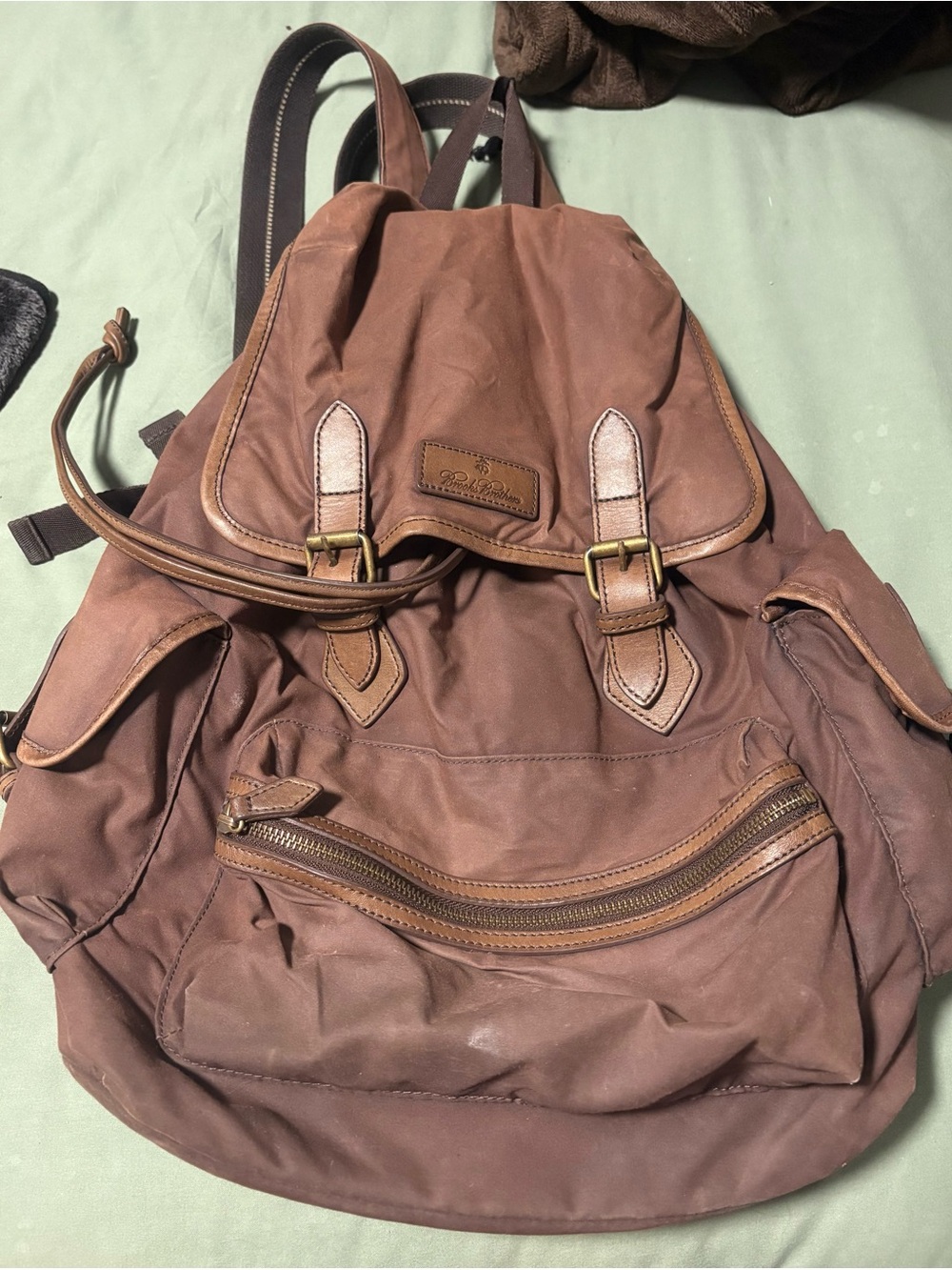 Brooks Brothers Brown Canvas Backpack with Leather Trim